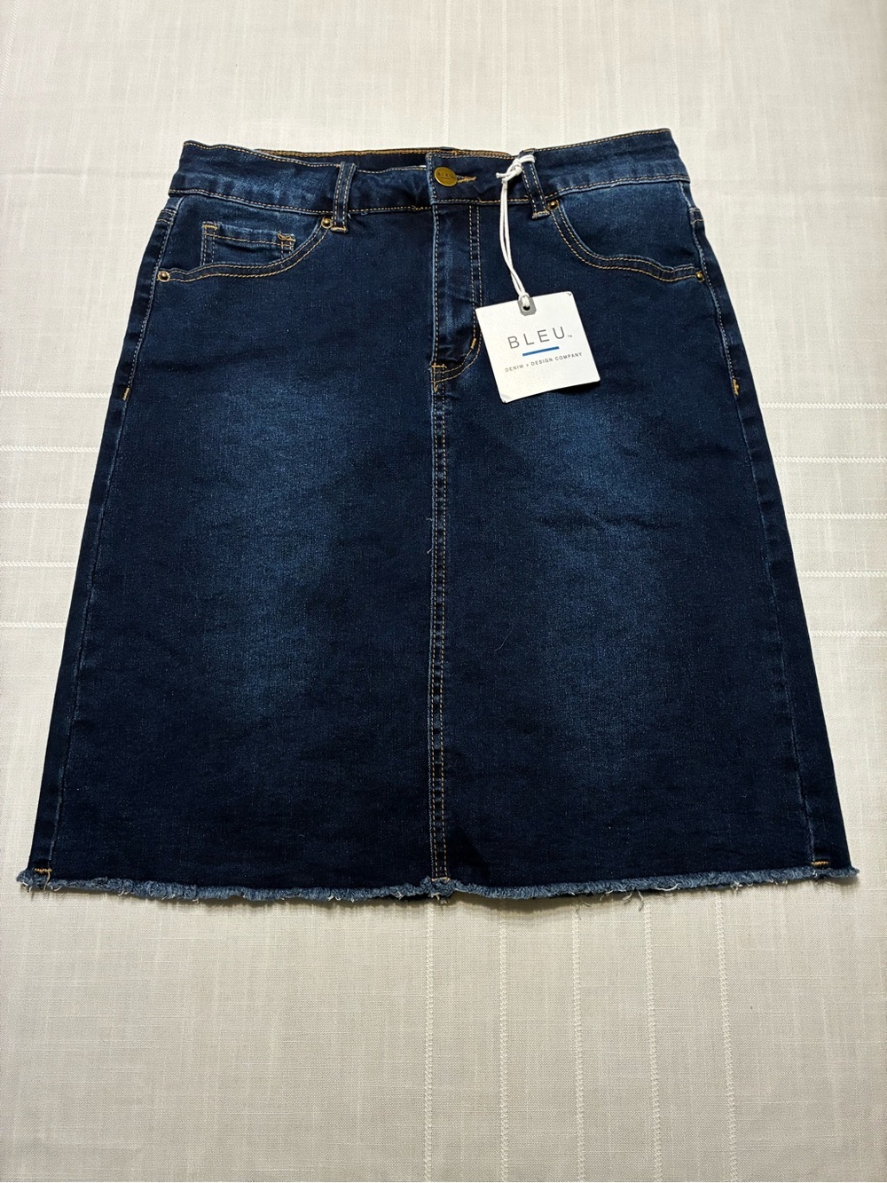 Dark Blue Denim A-Line Skirt With Raw Edged Hem